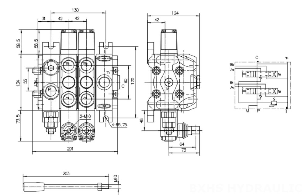 DCV100 手動 2スプール セクショナル方向弁 drawing image