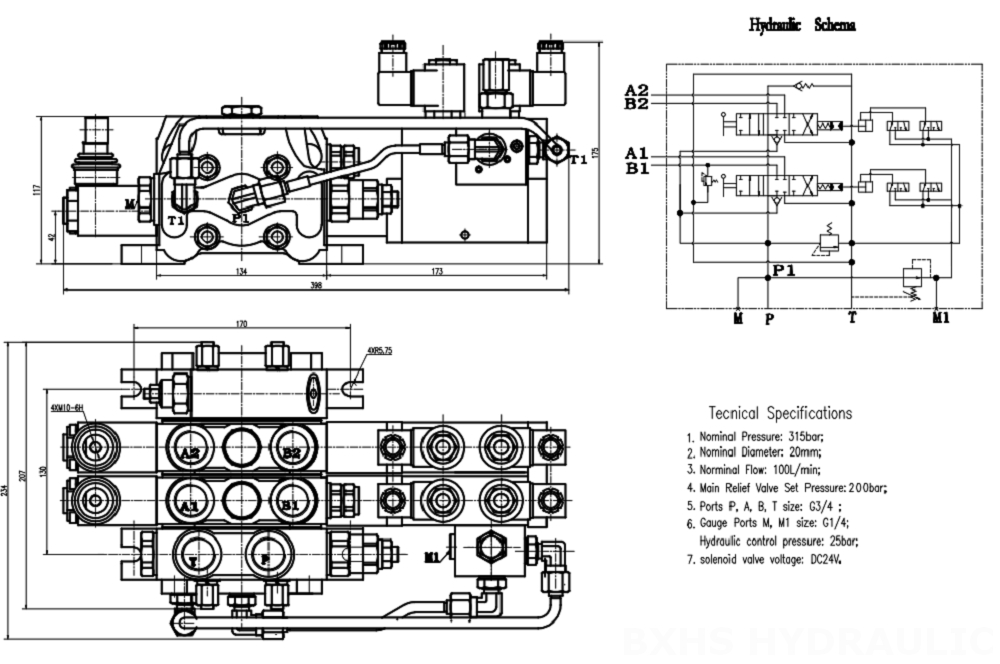 DCV100 電気油圧 2スプール セクショナル方向弁 drawing image