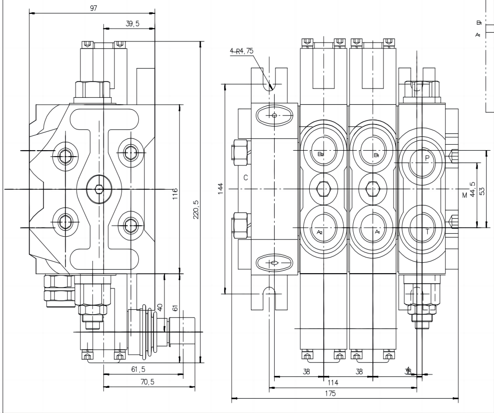 DCV60 手動 2スプール セクショナル方向弁 drawing image