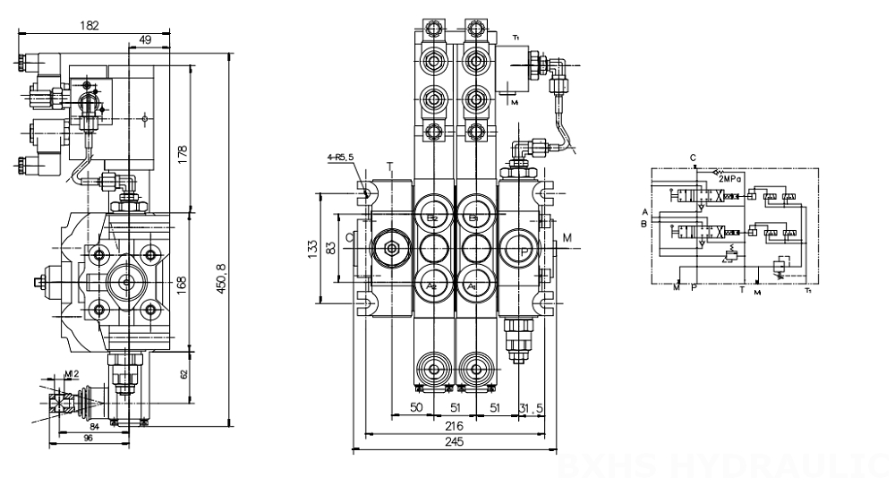 DCV200 電気油圧 2スプール セクショナル方向弁 drawing image