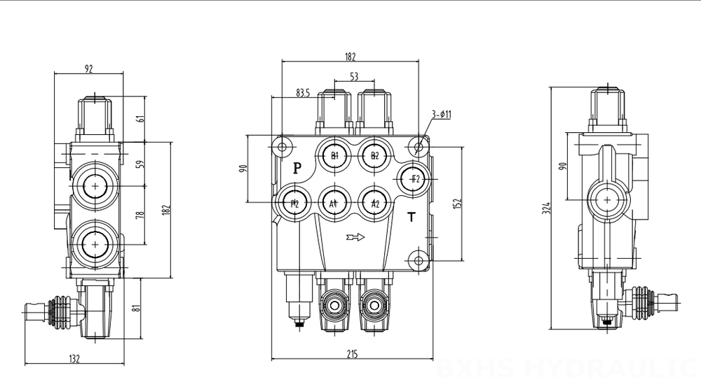 P120 手動 2スプール モノブロック方向弁 drawing image