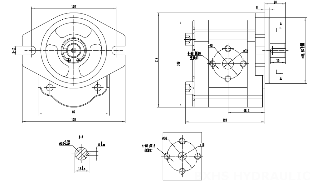 CBHS-FL304 4 cc/回転 油圧ギア・ポンプ drawing image