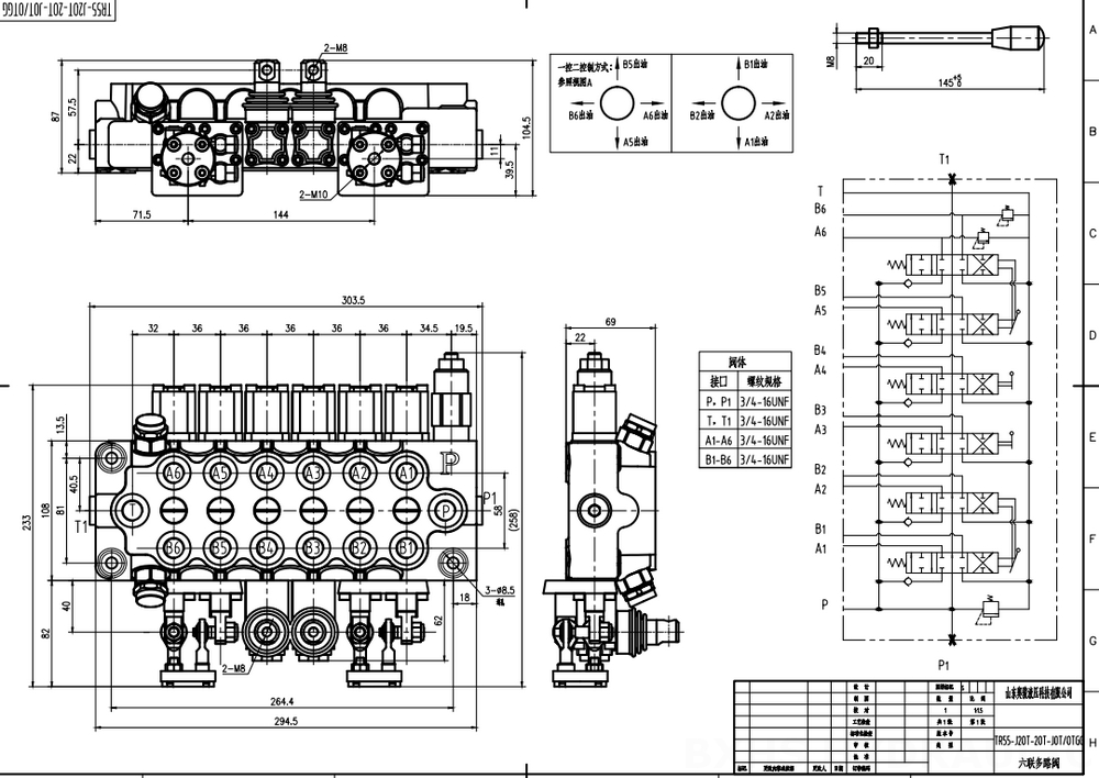 TR55 手動・ジョイスティック 6スプール モノブロック方向弁 drawing image