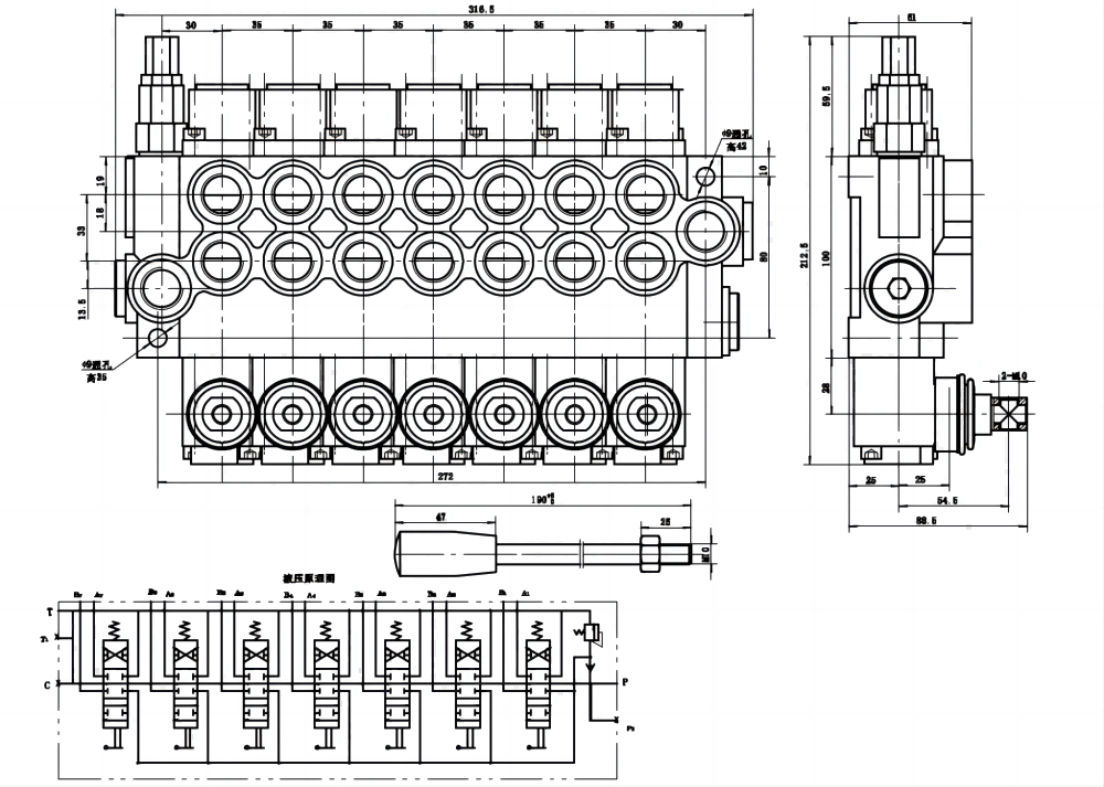 P40-U78 手動 7スプール モノブロック方向弁 drawing image