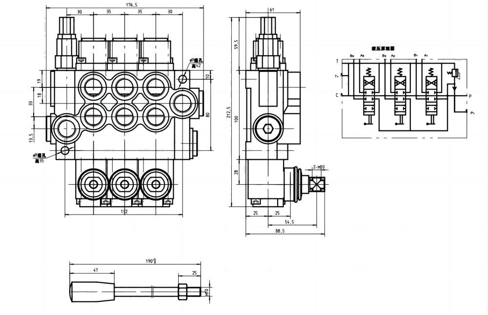 P40-G12-G38-OT-OT-OT 手動 3スプール モノブロック方向弁 drawing image