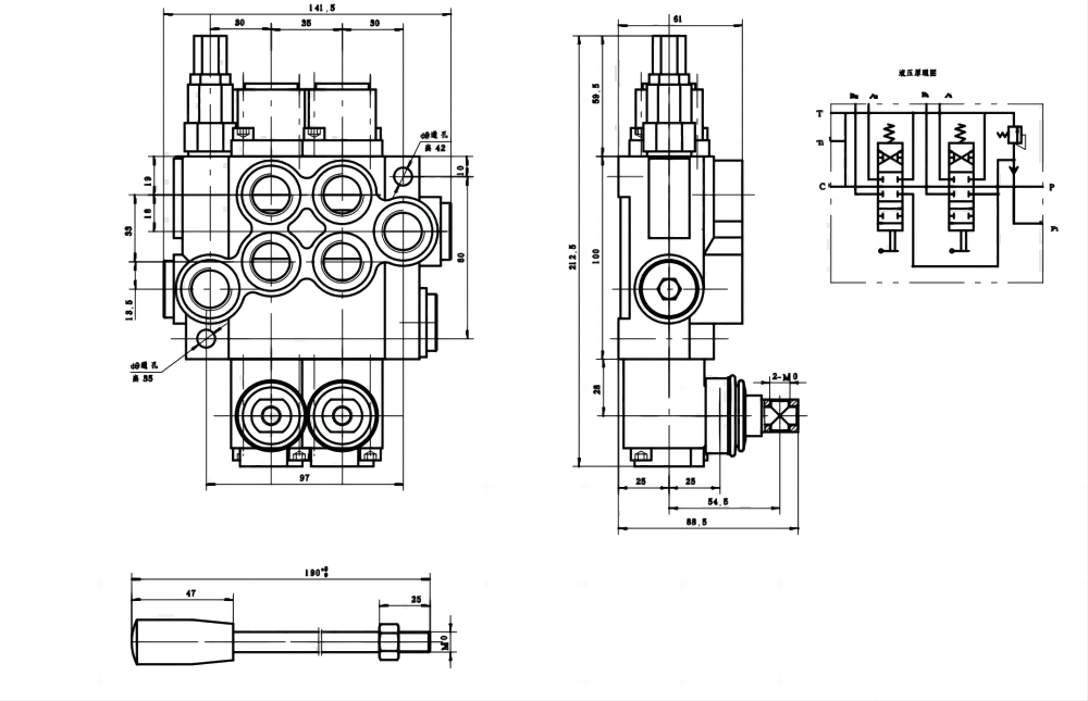 P40-G12-2OT 手動 2スプール モノブロック方向弁 drawing image