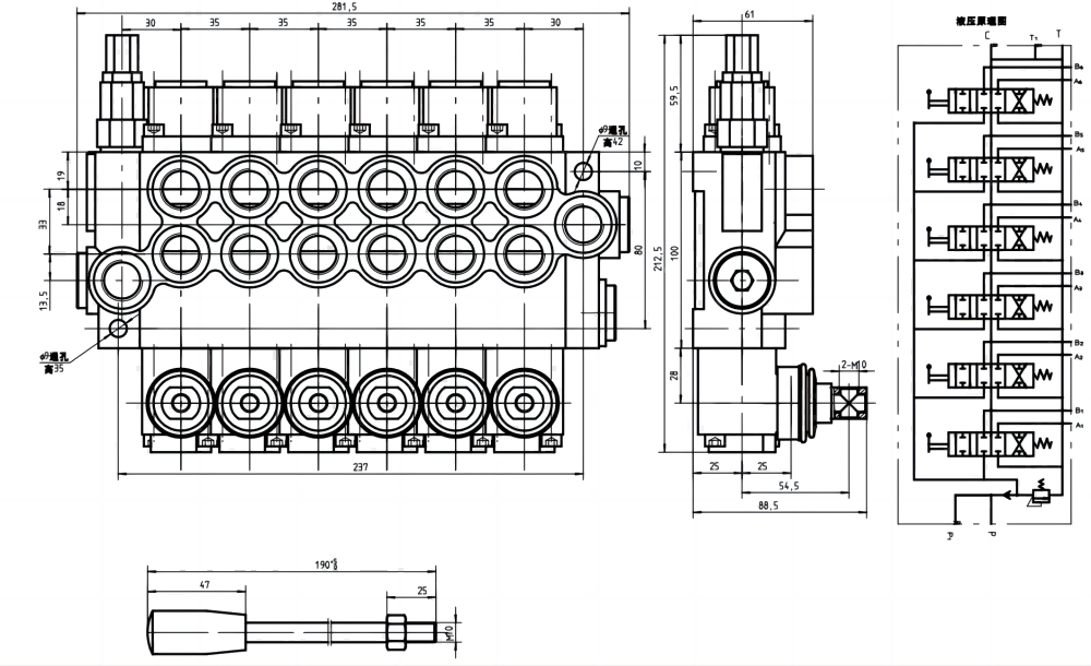 P40-G12-G38 手動 6スプール モノブロック方向弁 drawing image