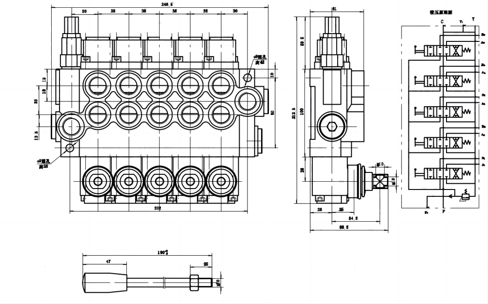 P40-G12-G38 手動 5スプール モノブロック方向弁 drawing image