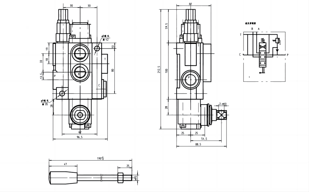 P40-U34 手動 1スプール モノブロック方向弁 drawing image