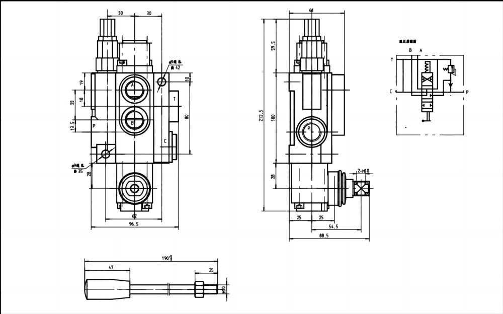 P40-G12-YW 手動 1スプール モノブロック方向弁 drawing image