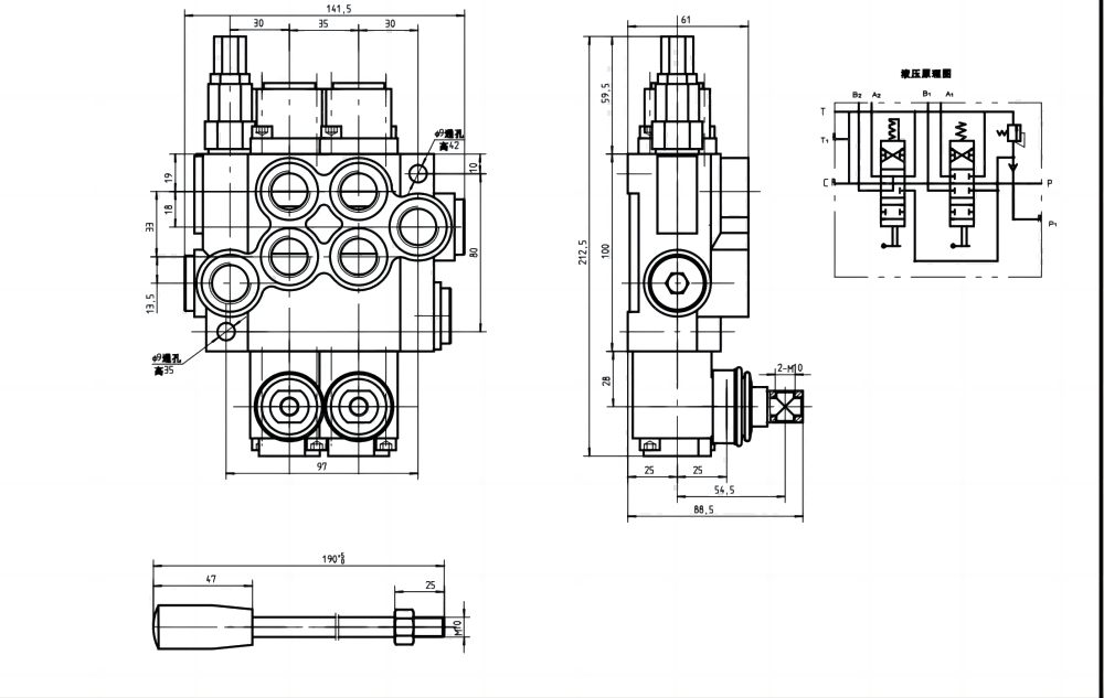 P40-U78-U34-OT-YW 手動 2スプール モノブロック方向弁 drawing image