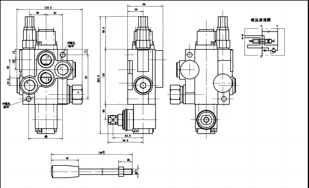 P40J 手動 1スプール モノブロック方向弁 drawing image