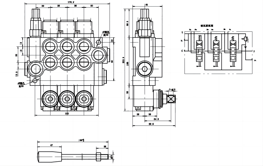 P40-U78-U34-2OT-YW 手動 3スプール モノブロック方向弁 drawing image