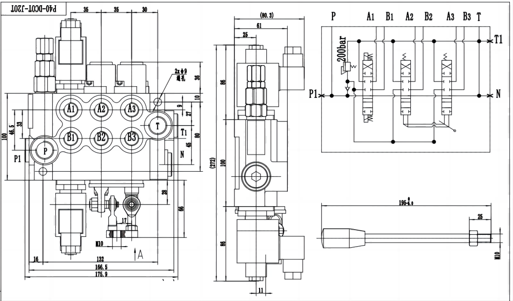 P40 ソレノイド・ジョイスティック 3スプール モノブロック方向弁 drawing image