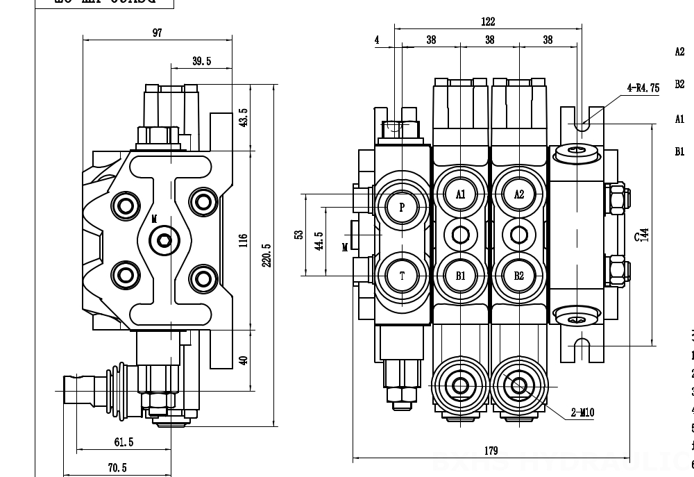 DCV60-Double control 手動 2スプール セクショナル方向弁 drawing image