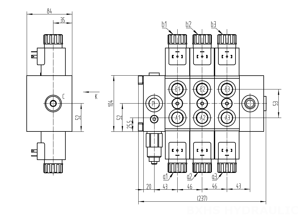 DCV58 ソレノイド 3スプール セクショナル方向弁 drawing image