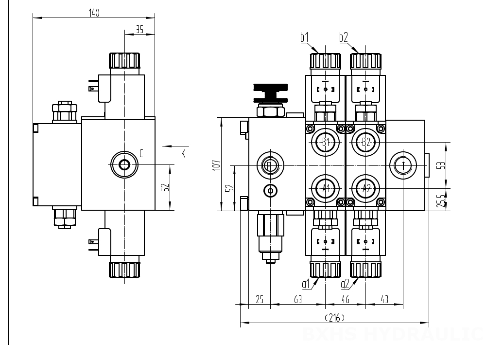 DCV58F ソレノイド 2スプール セクショナル方向弁 drawing image