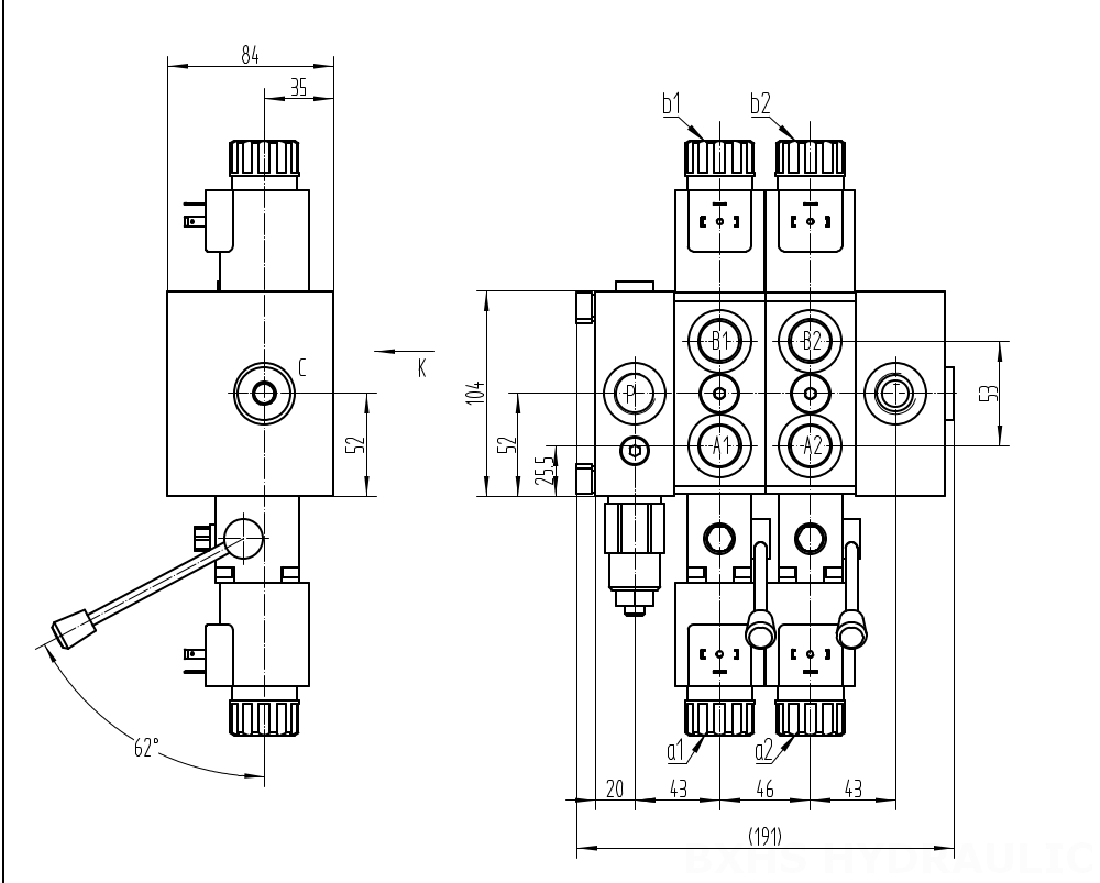 DCV58 ソレノイド 2スプール セクショナル方向弁 drawing image