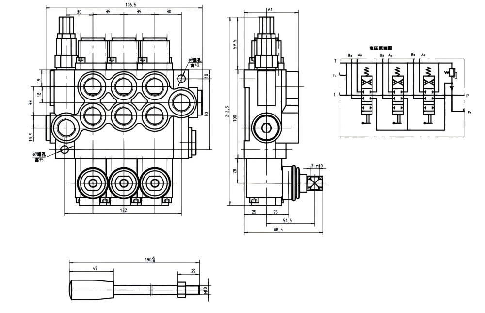 P40-G12 手動 3スプール モノブロック方向弁 drawing image