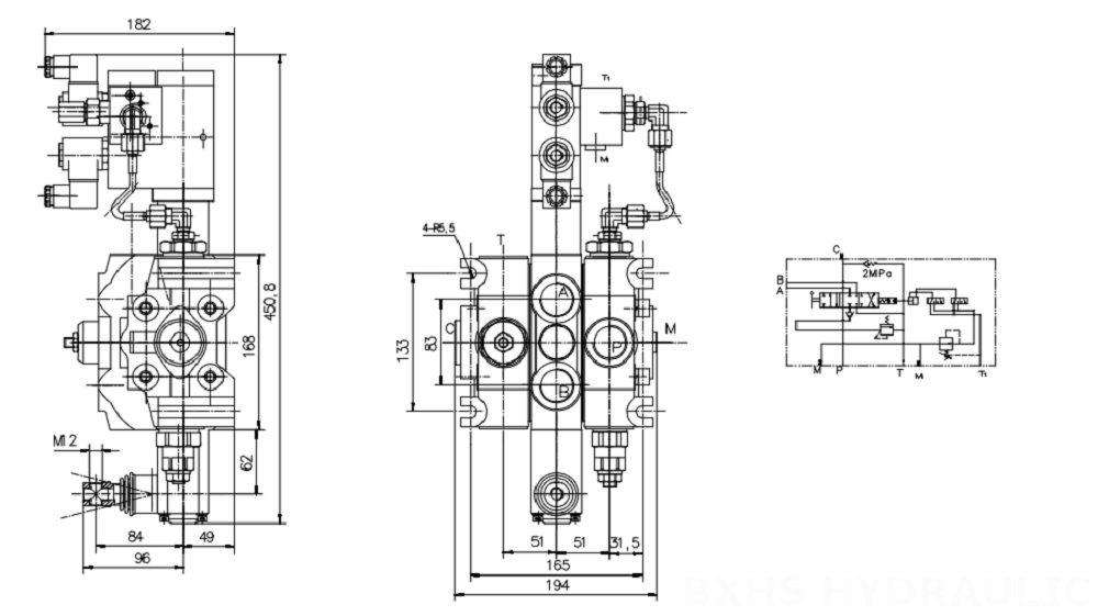 DCV200 電気油圧 1スプール セクショナル方向弁 drawing image