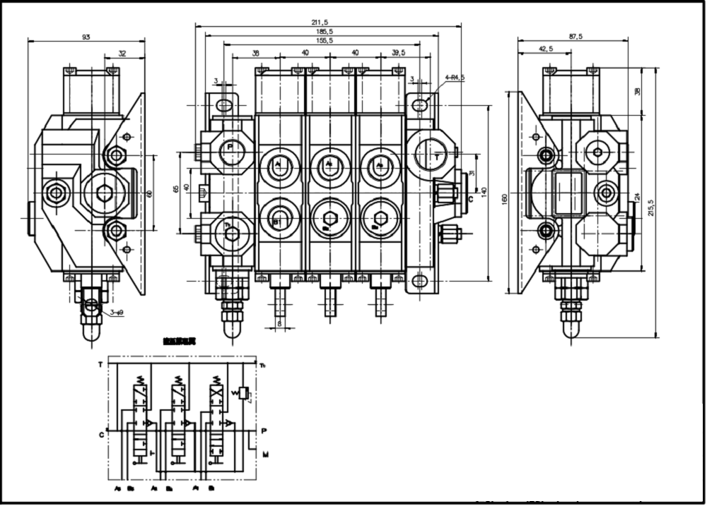 HSDS15 手動 3スプール モノブロック方向弁 drawing image