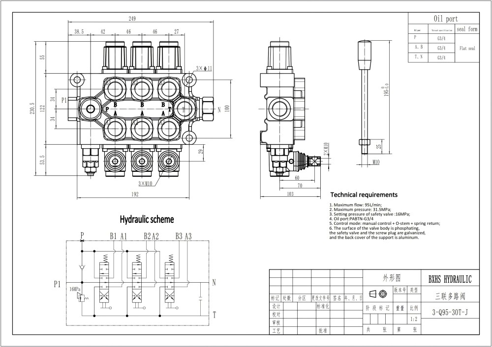 Q95 手動 3スプール モノブロック方向弁 drawing image