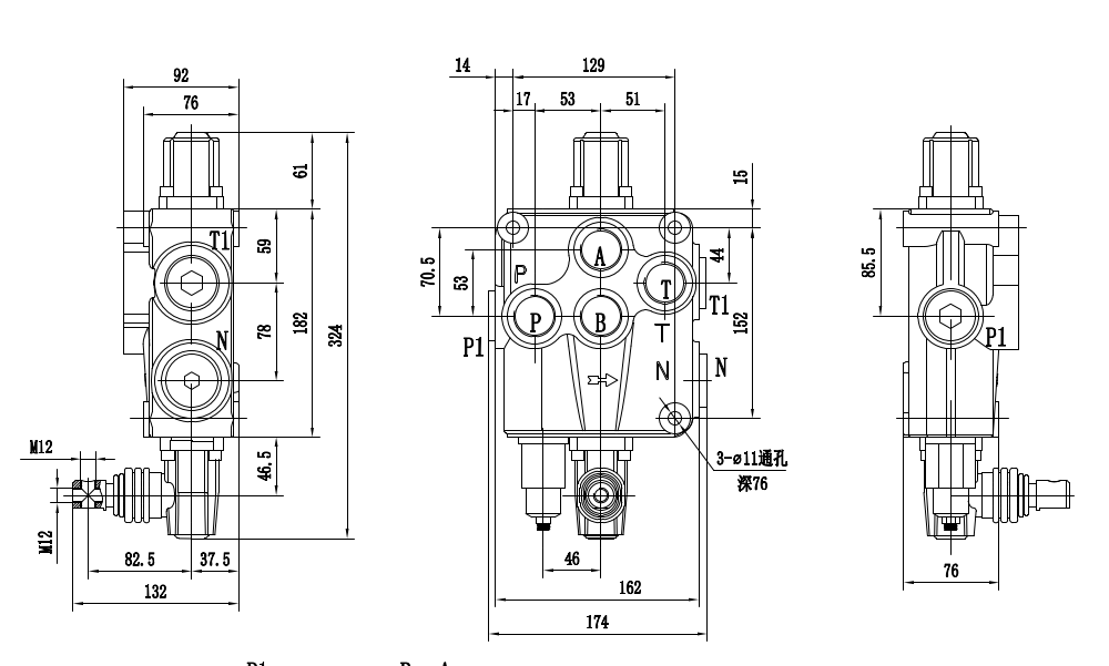 P120-G1-OT 手動 1スプール モノブロック方向弁 drawing image