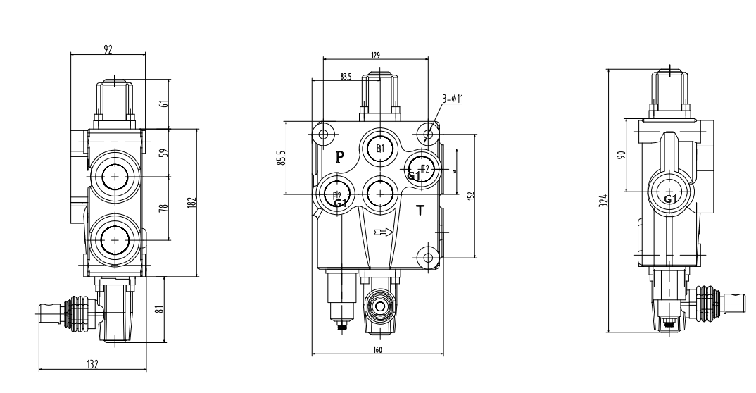 P120-G1 手動 1スプール モノブロック方向弁 drawing image