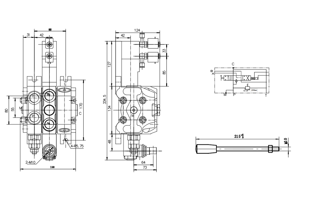 DCV100 空圧 1スプール セクショナル方向弁 drawing image