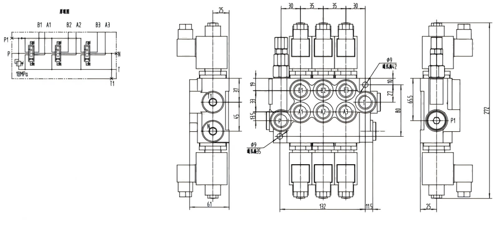 P40-DKL ソレノイド 3スプール モノブロック方向弁 drawing image