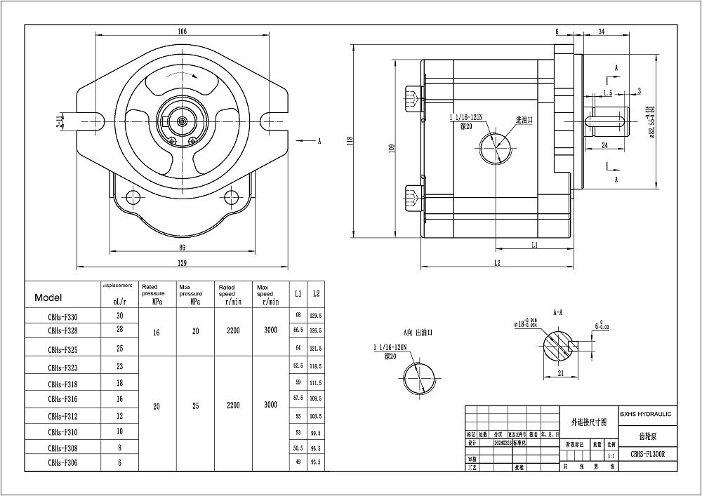 CBHS-FL-306 6 cc/回転 油圧ギア・ポンプ drawing image