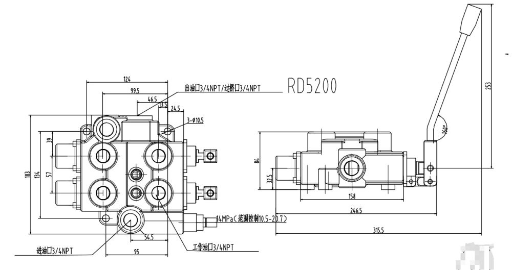 RD5200-H 手動 2スプール 油圧制御弁 drawing image