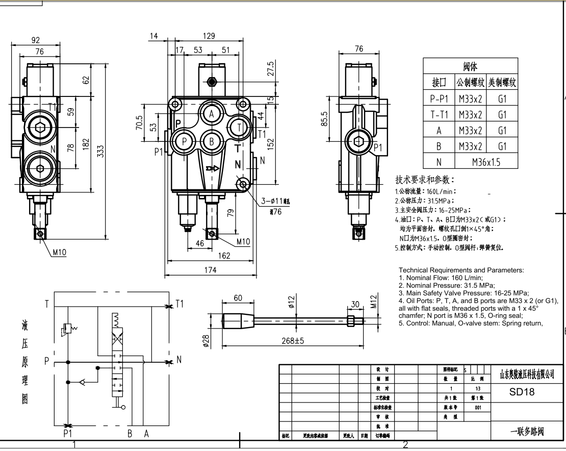 SD18 手動 1スプール モノブロック方向制御弁 drawing image