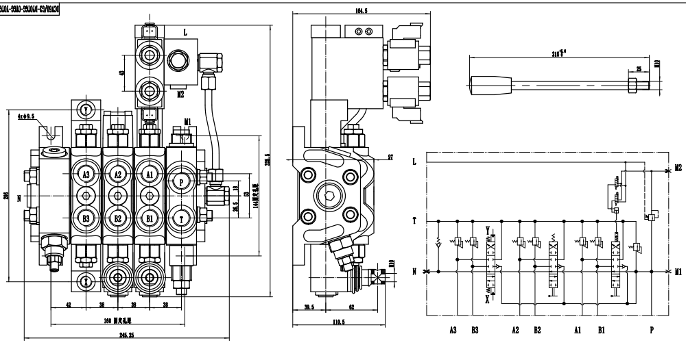 DCV60 電気油圧 3スプール セクショナル方向弁 drawing image
