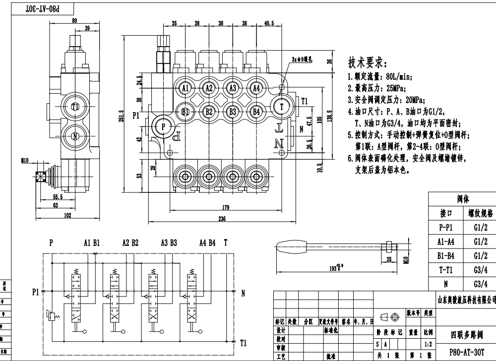 P80-G34-G12-AT-3OT 手動 4スプール モノブロック方向制御弁 drawing image
