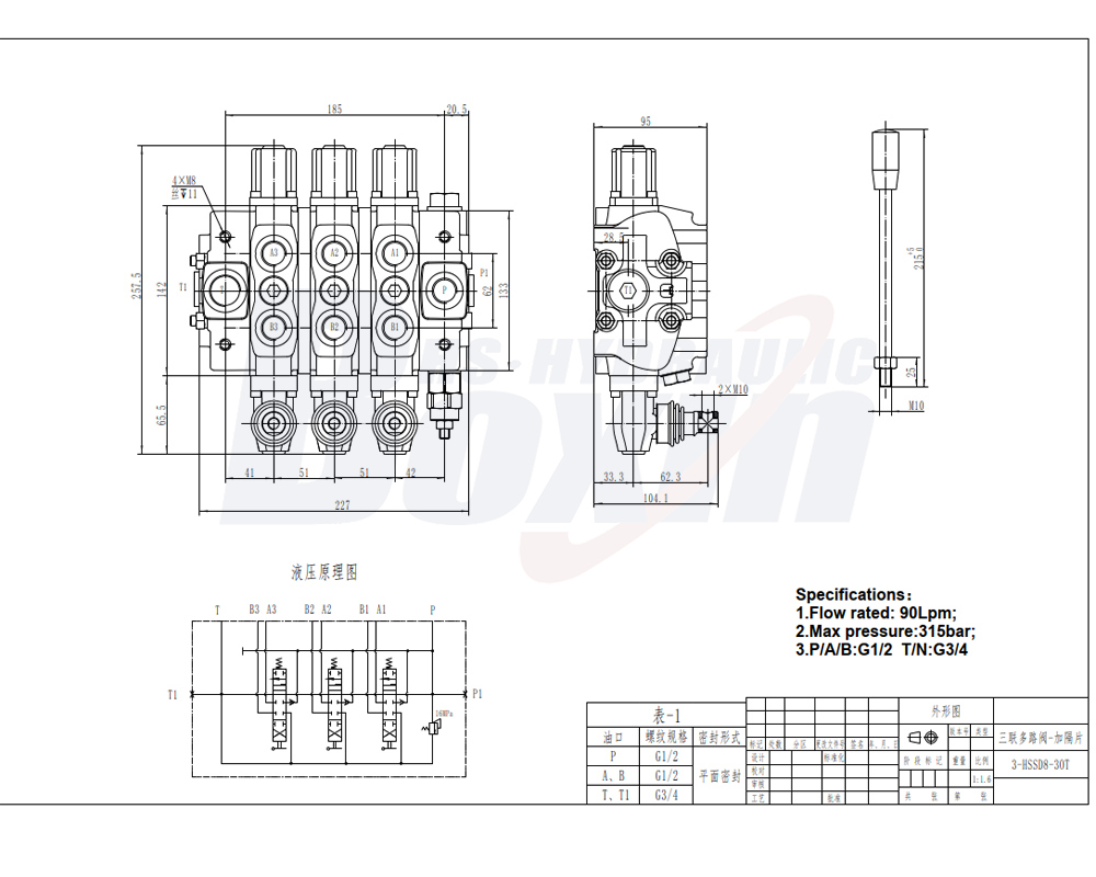 SD8 Manual 3 Spool Sectional Directional Valve for Hydraulic Systems drawing image