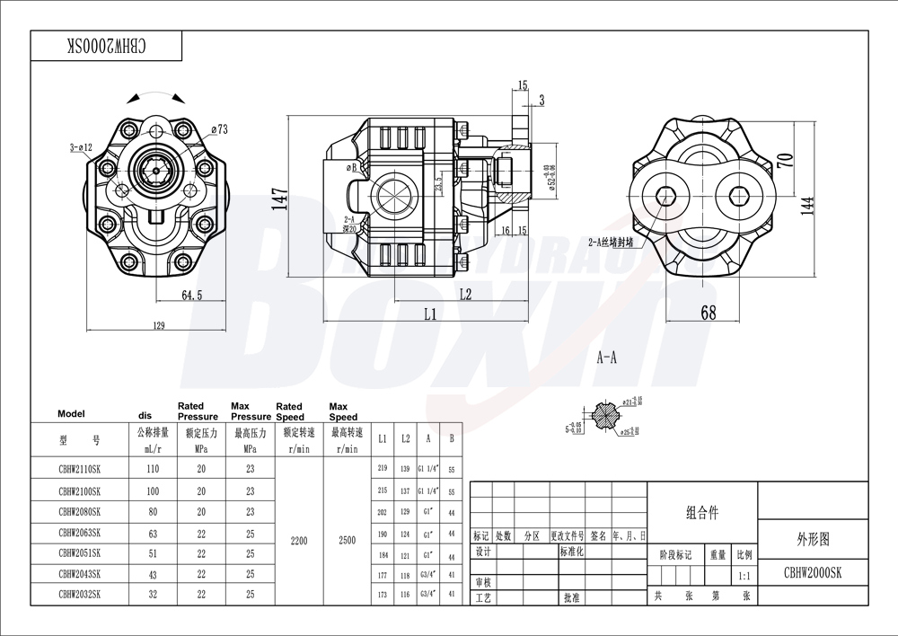 CBHW-UNI-80 80 cc/回転 25 MPa (3625 psi) 油圧ギア・ポンプ drawing image